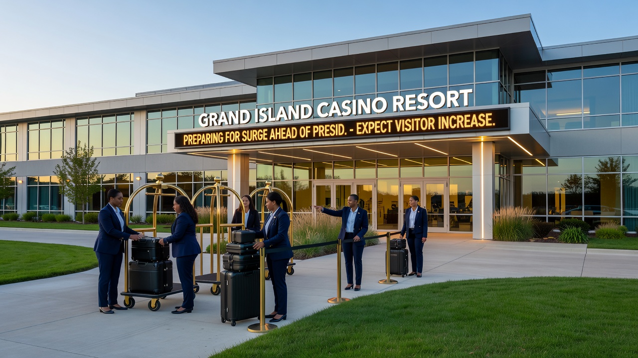 Interior of Grand Island Casino Resort showing slot machines, table games area, and hotel lobby entrance